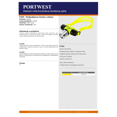 Wodoodporna latarka czołowa PA69 Portwest